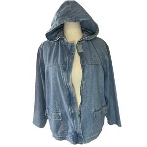 Vtg Blassport Womans Denim Chore Coat Jacket Hooded Size XL Pockets Zip Utility